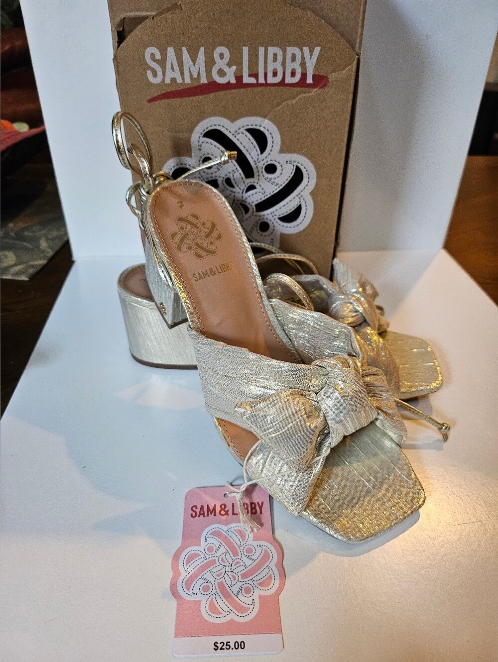 Sam & Libby Metallic Gold Knot-Front Block Heel Sandals